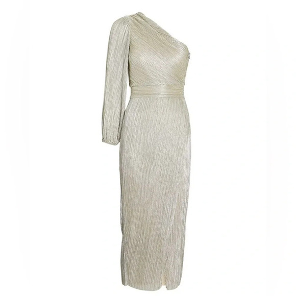 SAYLOR Alora Plisse’ Metallic One Shoulder Goddess Gown EUC XS Silver/platinum - Picture 13 of 15